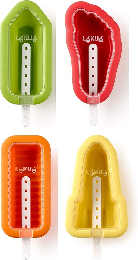 Lékué Set of 4 Iconic Popsicle & Ice Cream Molds + Sticks & Lids | Fun Shape by Lekue