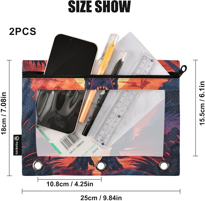 Dinosaur Pencil Pouch for 3 Ring Binder, 2 Pack Waterproof Pencil Bags Clear - Image 3