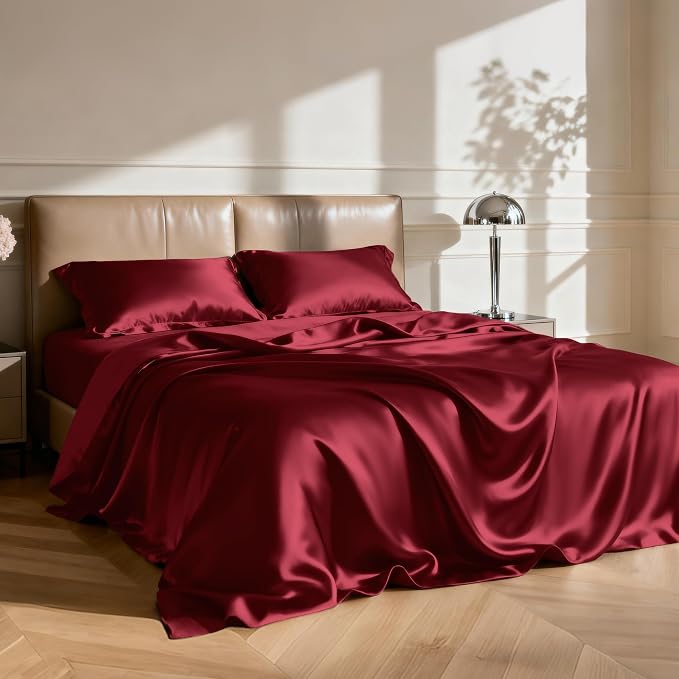 Love's cabin 4Piece California King Satin Bed Linen Set, Burgundy Silky Satin - Image 2