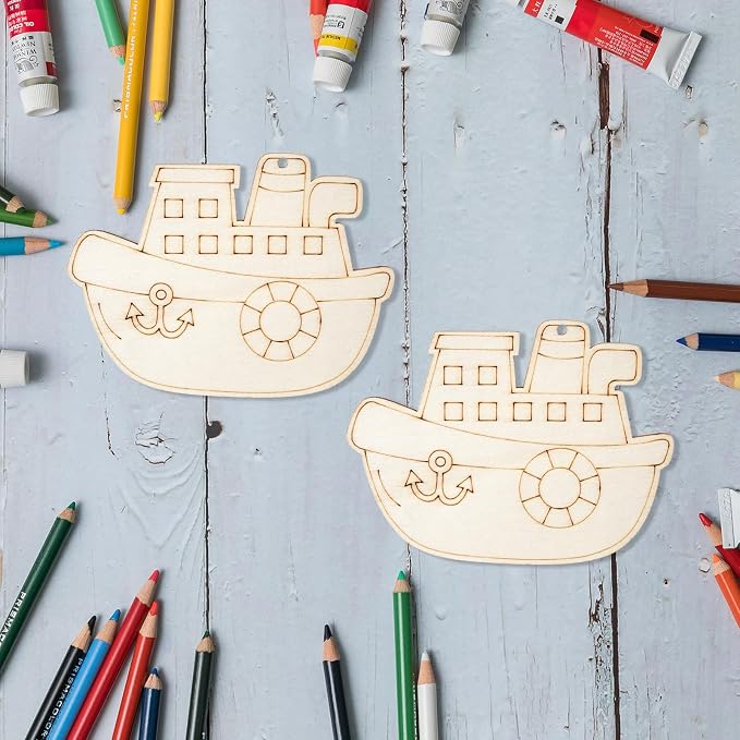 4In Steamship Shape Hanging Wood Ship Unfinished Wood - Image 3