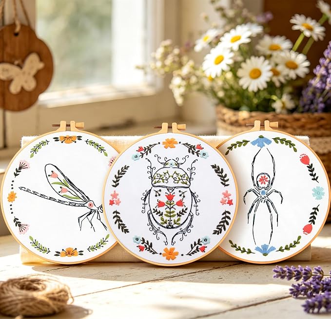 Armindou Hand Embroidery Kits for Beginners Adults, Insect Flowers Embroidery - Image 3