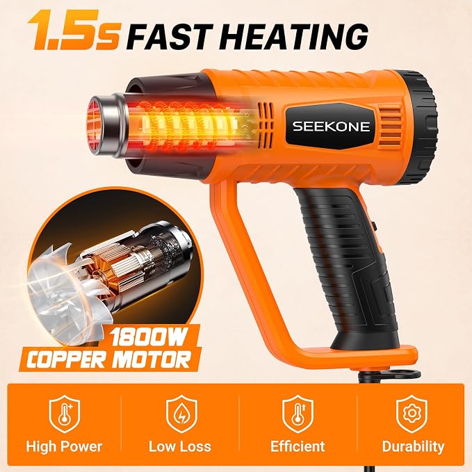 SEEKONE Heat Gun 1800W Heavy Duty Fast Heat Hot Air Gun Kit - Image 2