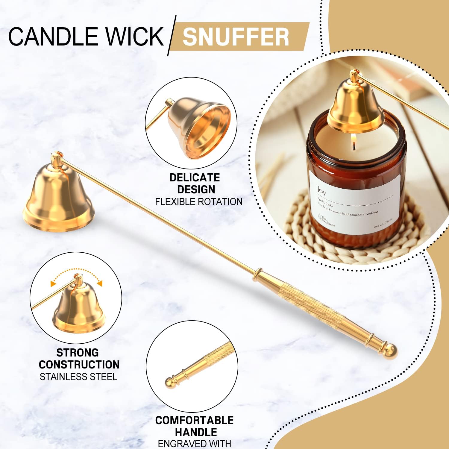5 in 1 Candle Accessory Set,Candle Wick Trimmer Cutter,Candle Wick Dipper,Candle Wick Snuffer,Rechargeable Candle Lighter,Tweezers,Stainless Steel Candle Care Kit Home Gift for Aromatherapy(Gold)