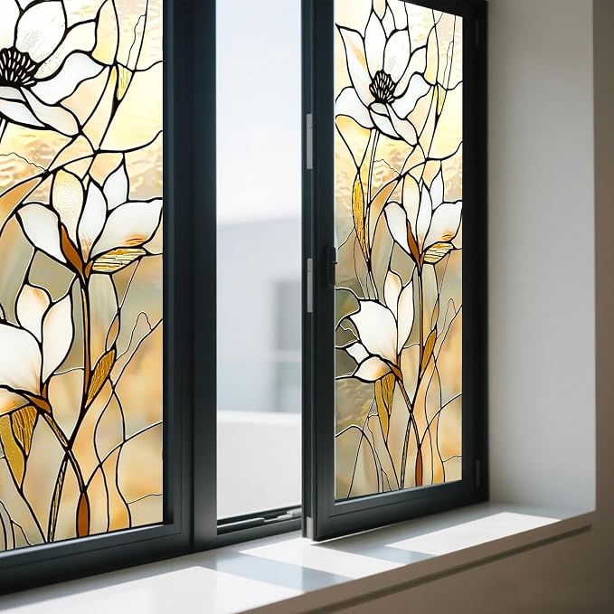 IVN Privacy Window Film Stained Glass Static Cling Window Film White Floral - Image 7