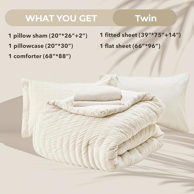 HYMOKEGE Ivory Twin Comforter Set Seersucker 5 Pieces, All Season Luxury Bed in - Image 5