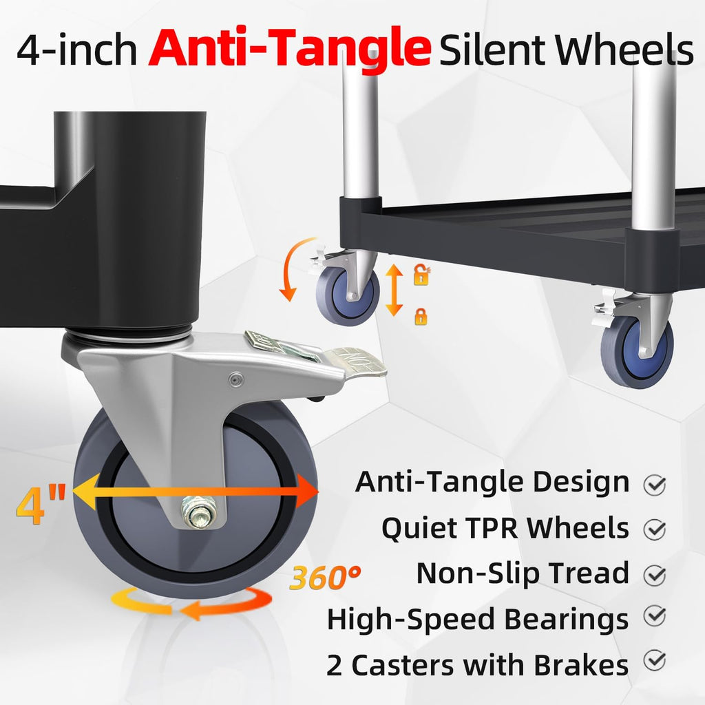 Plastic Utility Cart with Anti-Tangle Wheels, Solid Armrests, 450 Lbs Heavy Duty Capacity, 3-Tier Rolling Serving Cart for Home, Office, Restaurant, Warehouse.40 × 19.7" × 38"