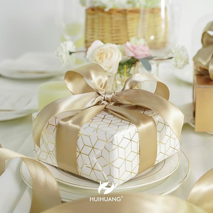 HUIHUANG Champagne Satin Wired Ribbon 1-1/2 inch Champagne Gold Wire Edge Ribbon - Image 3