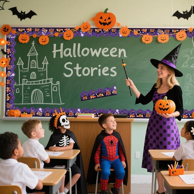 69Ft Halloween Bulletin Board Border Bat Ghost Pumpkin Cat Cobweb Funny - Image 4