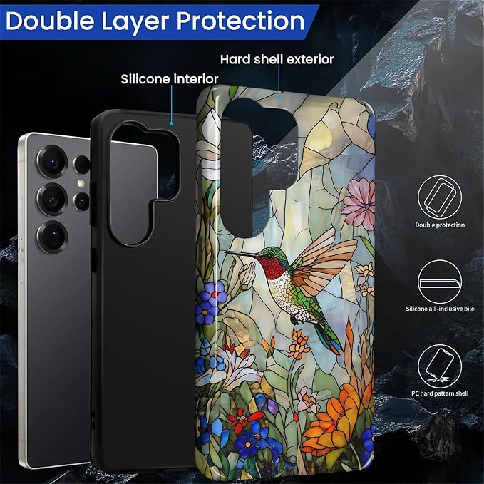 for Samsung Galaxy S25 Ultra Case, Hummingbird Wildflower Stained Glass Pattern - Image 3
