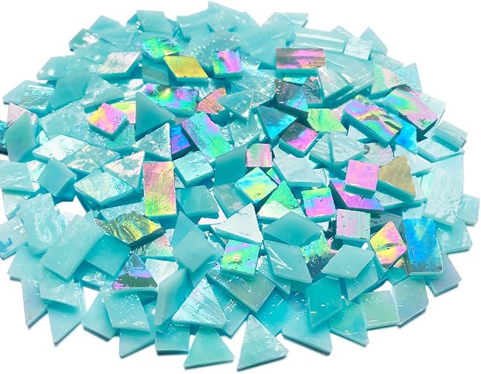 Iridescent Aqua Stained Glass Mosaic Tiles, 280 Pieces Mixed 4 Shapes Stained - Image 2
