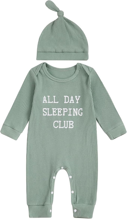 Fernvia Newborn Baby Boy Clothes Letters Print Bodysuit 3 6 9 12 18 Months Long Sleeve Jumpsuit with Hat 2PCS Outfits Set
