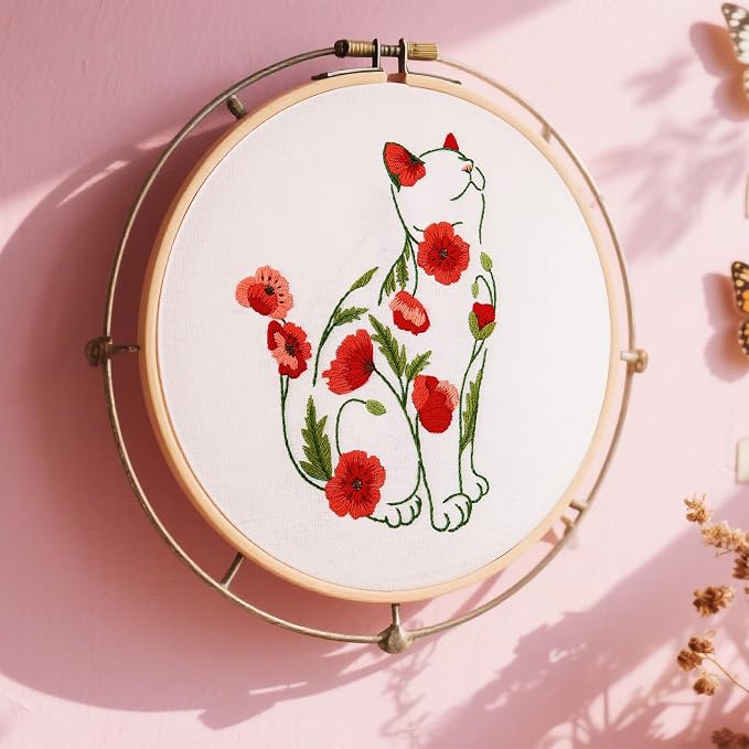 Crafmanoe Cat Embroidery Kits for Beginners Adults, Flowers Embroidery Starter - Image 2