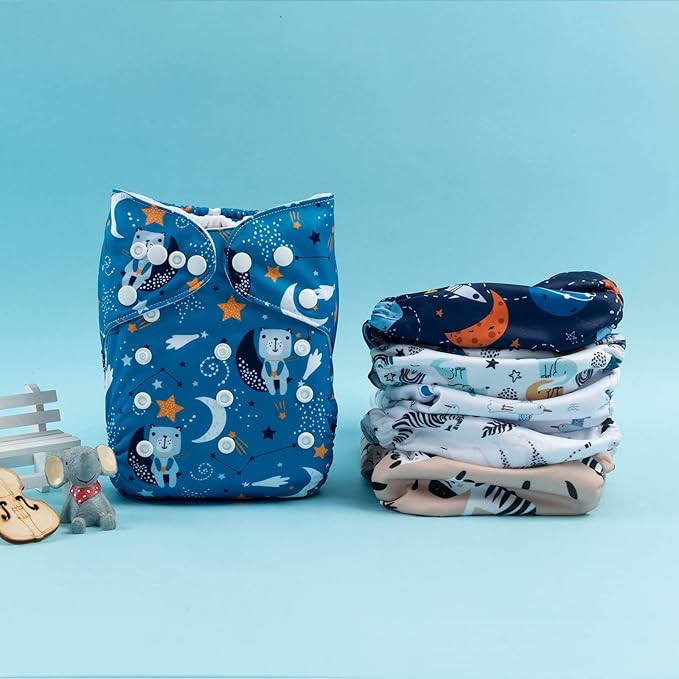 babygoal Reusable Cloth Diapers 6 Pack+6pcs Rayon from Bamboo Inserts+Wet Bag, One Size Adjustable Washable Pocket Nappy Covers for Baby Boys and Girls 6FB36
