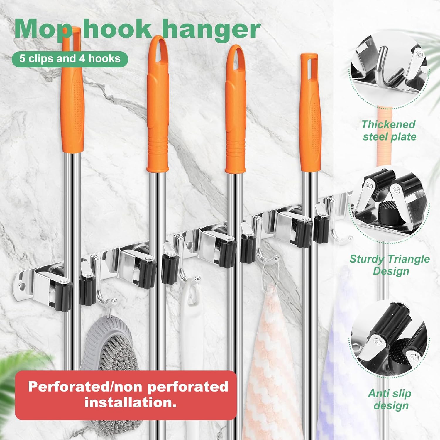 2Pcs 5 Racks 4 Hooks Stainless Steel Broom Mop Holder Anti Slip Wall Mount Broom Storage Rack Strong Load Bearing Waterproof Mop Broom Organizer for Bathroom Kitchen Garage