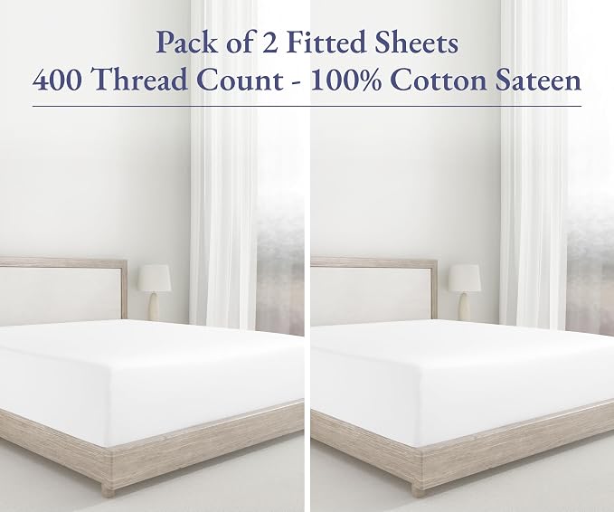 2 Full Fitted Sheets, 400 Thread Count 100% Cotton Sateen, Deep Pocket Full - Image 4