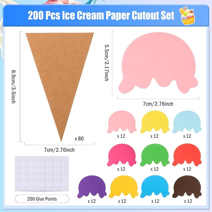 MixTeach 200 Pcs Paper Ice Cream Cone Cutouts Summer Bulletin Board Decorations - Image 2