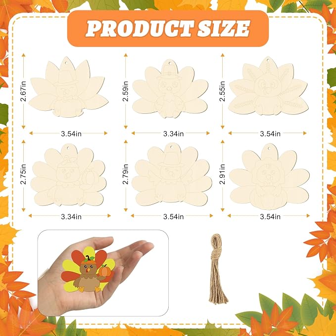 24 PCS Unfinished Wooden Thanksgiving Crafts, Turkey Shaped Hanging Ornaments - Image 2