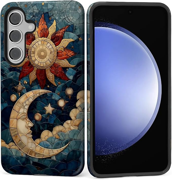 Case for Samsung Galaxy S25 FE, Sun Moon Stars Faux Stained Glass Design Hybrid by Kapadiy