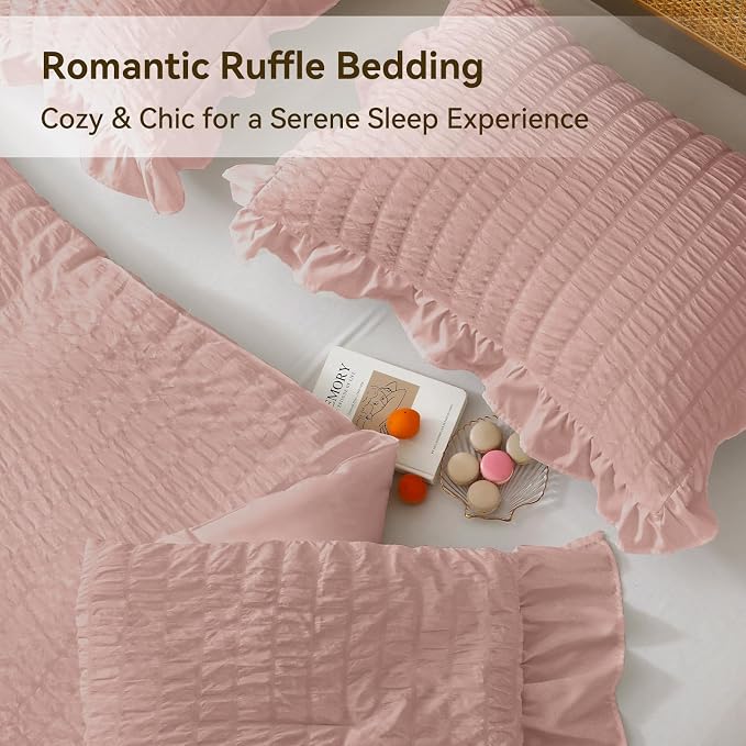 JOLLYVOGUE King Size Comforter Set, 3 Pieces Rose Gold Seersucker Comforters - Image 4