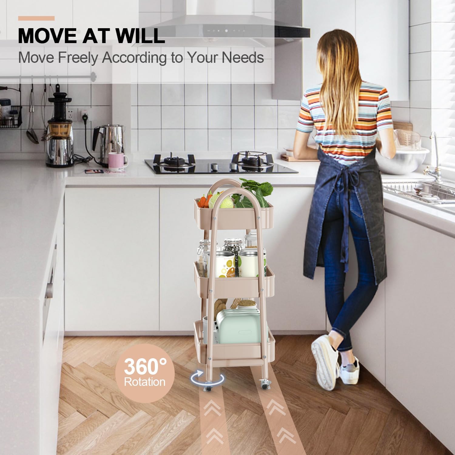 EAGMAK 3 Tier Utility Rolling Cart, Metal Storage Cart with Handle and Lockable Wheels, Multifunctional Storage Organizer Trolley with Mesh Baskets for Kitchen, Living Room, Office, Garage (Beige)