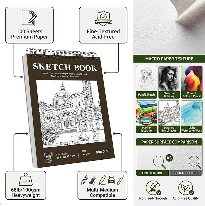 Soucolor Sketchbook 8.5x11, 100 Sheets Thick Acid-Free Drawing Paper | - Image 4