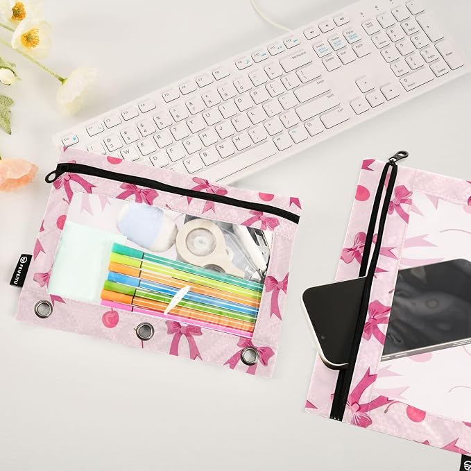 Pink Bows Cherry Pencil Pouch for 3 Ring Binder, 2 Pack Waterproof Pencil Bags - Image 5