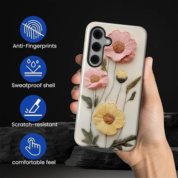 Case for Samsung Galaxy S24 Case, Faux Embroidery Boho Floral Design Hybrid - Image 3