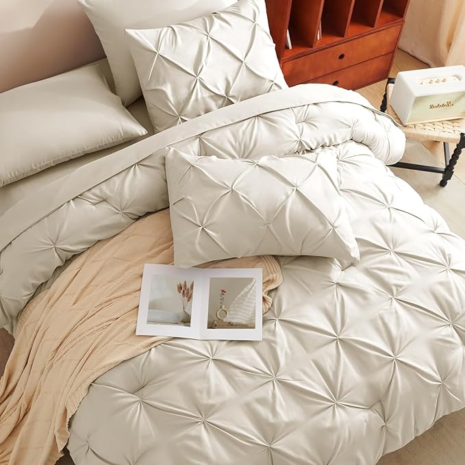 CozyLux King Size Comforter Set Beige, 7 Pieces Bed in A Bag Beige Comforter - Image 4