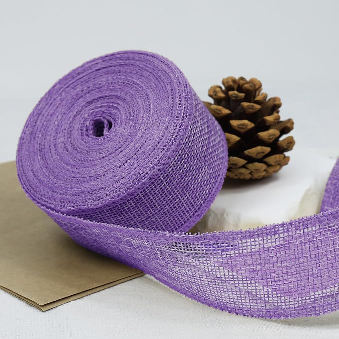 Purple Burlap Ribbon 1-1/2 in X 10 Yard Purple Linen Wired Ribbon | Natural - Image 3