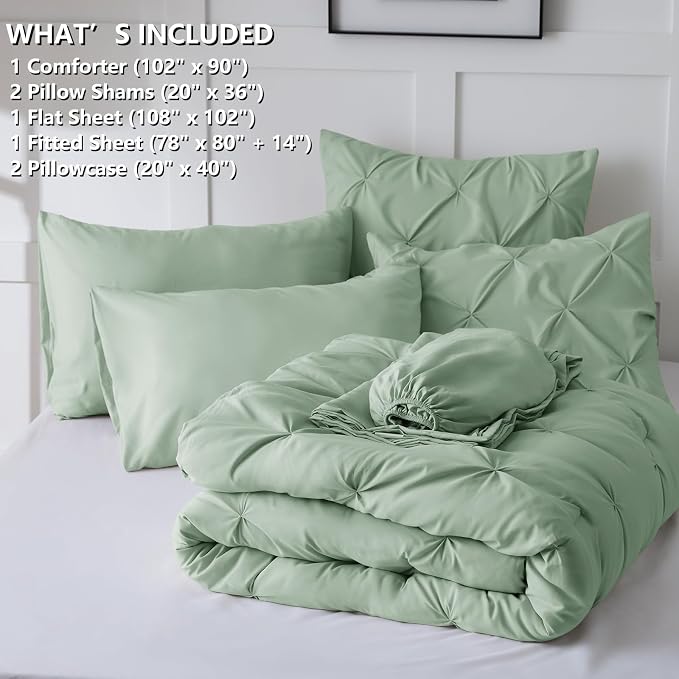 CozyLux King Size Comforter Set Sage Green, 7 Pieces Pintuck Bed in A Bag Green - Image 7