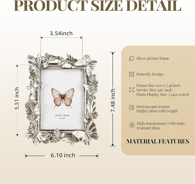 4x6 Silver Picture Frame, Butterfly Photo Frame, Vintage Elegant Decor | Fits - Image 5