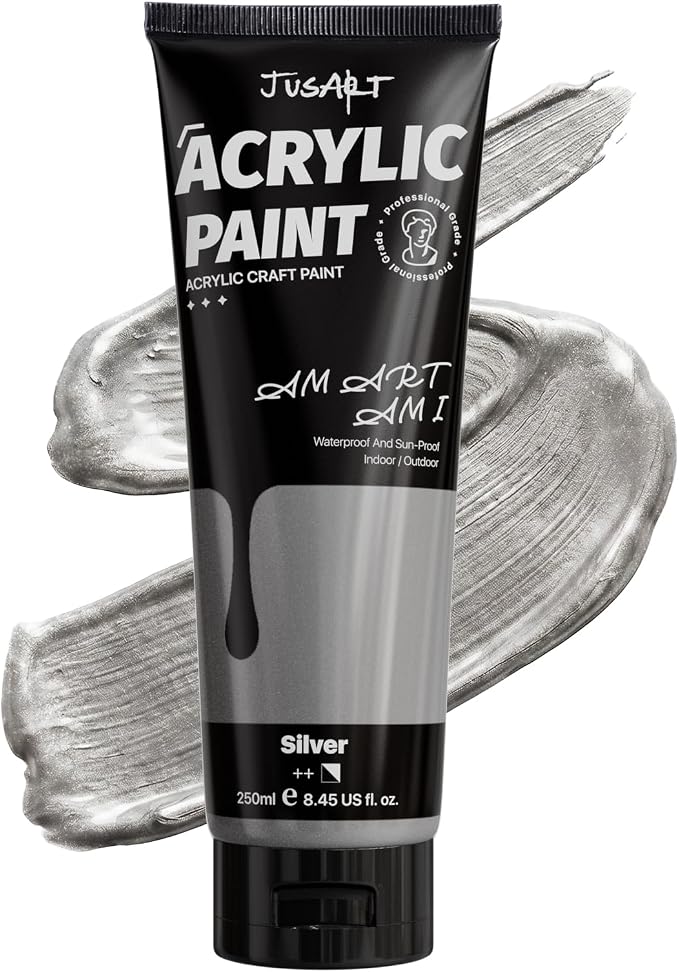 JusArt Metallic Silver Acrylic Paint, 8.45oz/250ml Large Tube, Heavy Body Rich by JusArt%7CCreativeArtSupplies