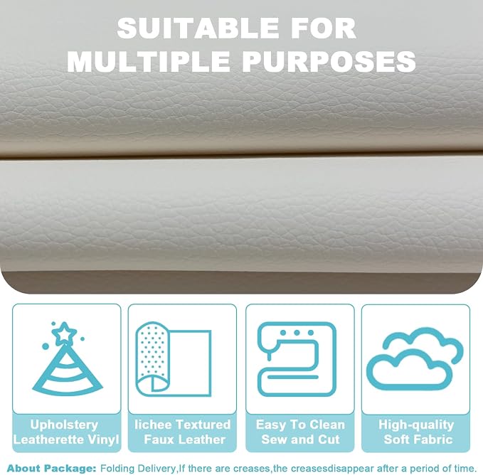 White Faux Leather Fabric 79"×55" Lychee Grain Upholstery Vinyl - Image 3