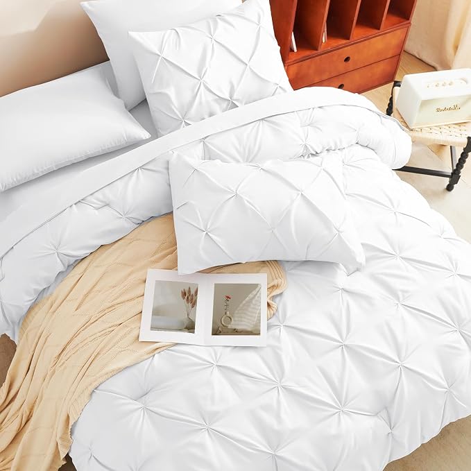 CozyLux King Size Comforter Set White, 7 Pieces Pintuck Bed in A Bag White - Image 4