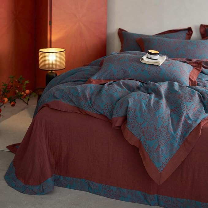 mixinni Muslin Cotton Vintage Blue Floral Duvet Cover Queen Size 3pcs Yarn Dyed - Image 3