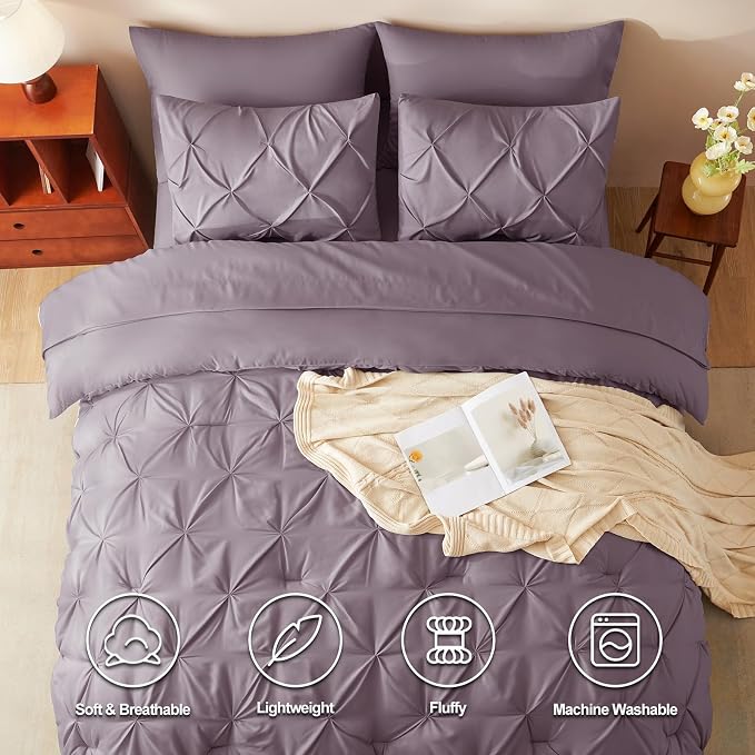 CozyLux Queen Comforter Set Grayish Purple, 7 Pieces Pintuck Bed in A Bag - Image 2