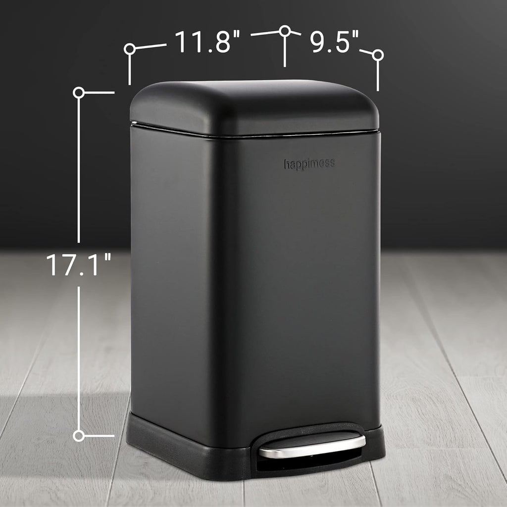 happimess HPM1012B Betty Retro Mini 3.2-Gallon Step-Open Trash Can with Soft-Close Lid, Modern, Minimalistic, Fingerprint Proof for Home, Kitchen, Laundry Room, Office, Bedroom, Bathroom, Black