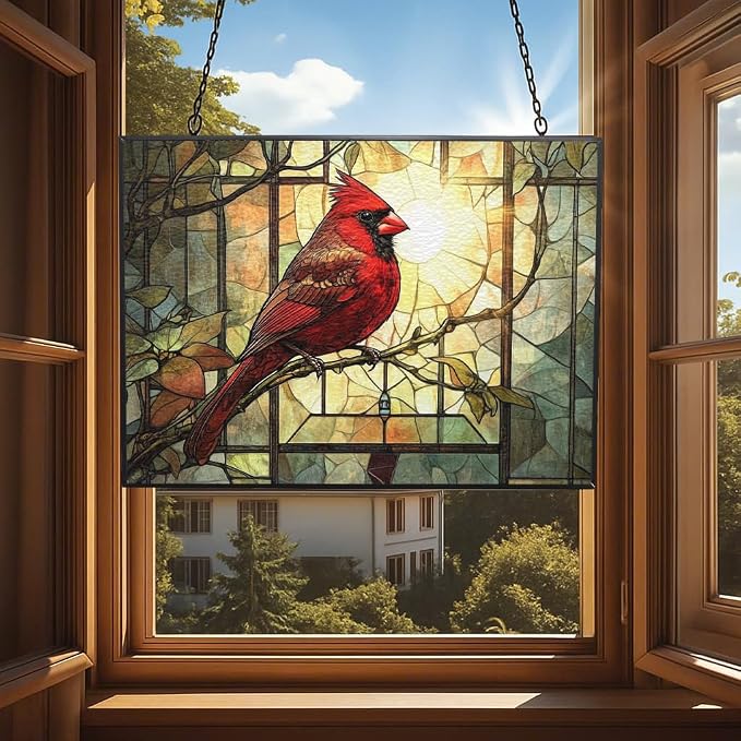 Rectangle Vintage Cardinal On Branch Stained Glass Window Hanging Customized - Image 4