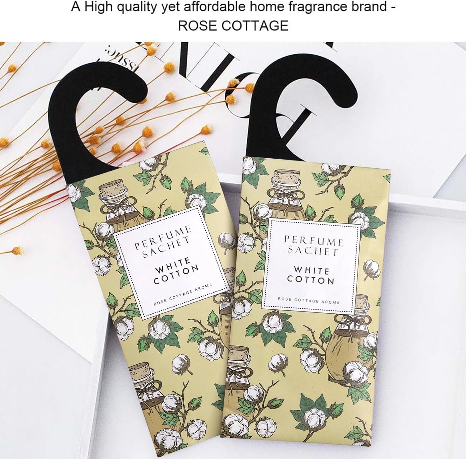 ROSE COTTAGE Large 12 Packs White Cotton Hanging Closet Deodorizer Air Freshener Long Lasting Scented Sachets Smell Goods for House