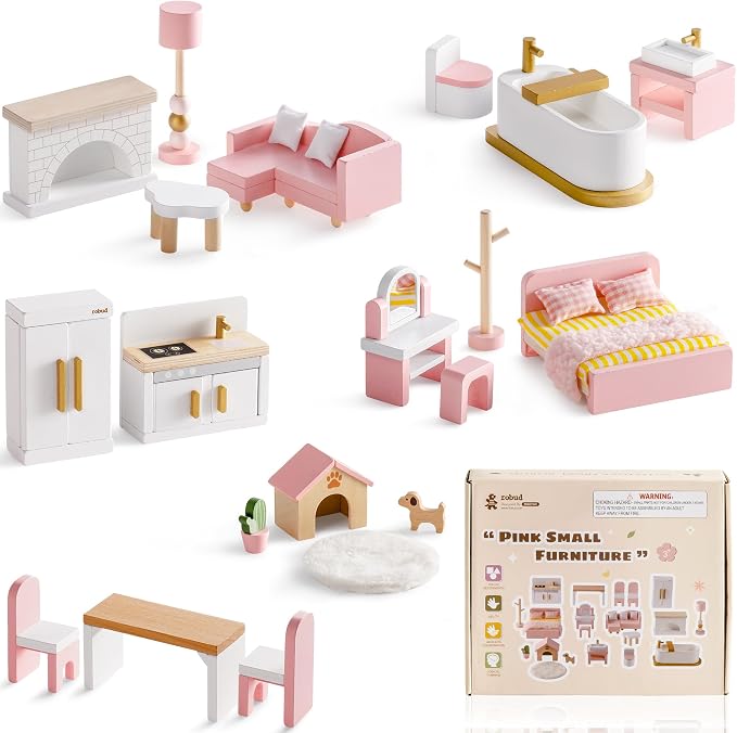ROBUD Wooden Dollhouse Furniture Set, Miniature Furniture Including 6 Room Kits by ROBUD