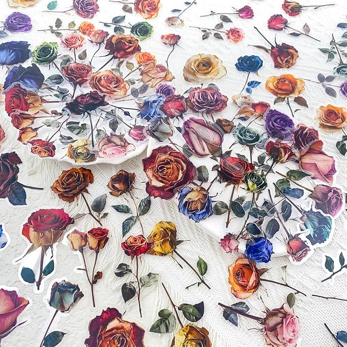 50PCS Vintage Dried Rose Stickers – Clear Waterproof Flower Botanical Scrapbook - Image 2
