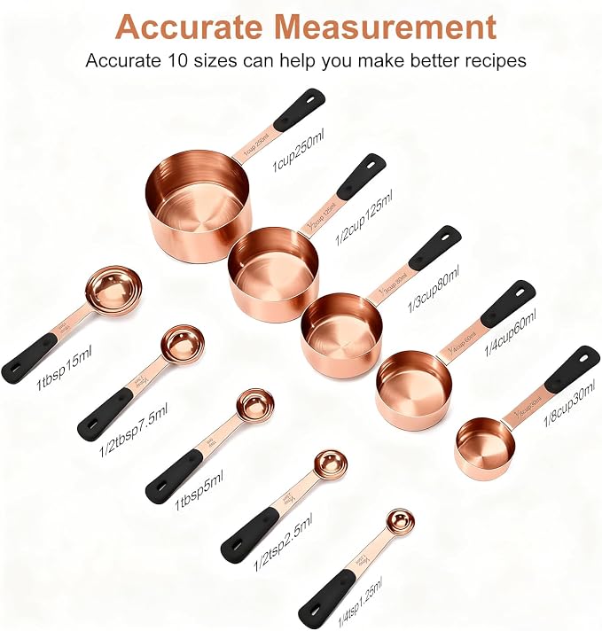 Bopei Measuring Cups and Spoons Set, Rose Gold Plated Stainless Steel 10 Piece - Image 2
