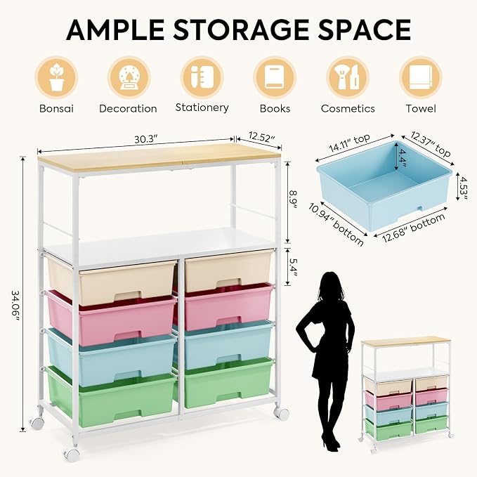 Rolling Cart with 8 Drawers, Storage Drawer Cart with Wooden Tabletop, Lockable - Image 3