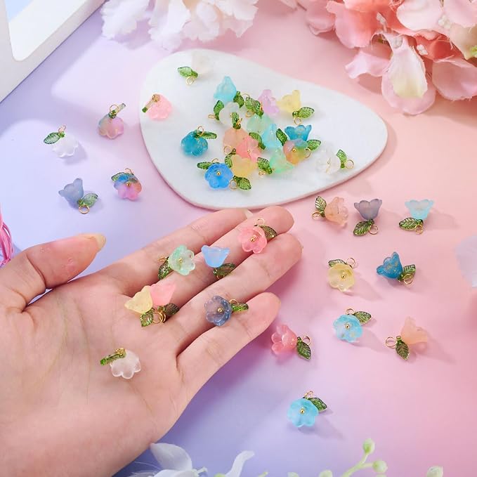 FASHEWELRY 72Pcs Mixed Color Glass Flower Charms 16mm Frosted Colorful - Image 6