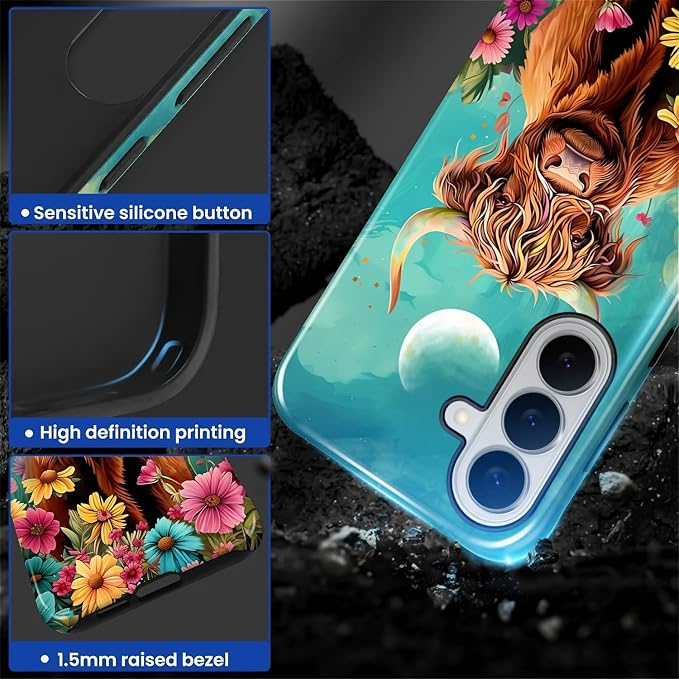for Samsung Galaxy S26+ Case, Highland Cow Flower Pattern Glossy 2 in 1 - Image 3