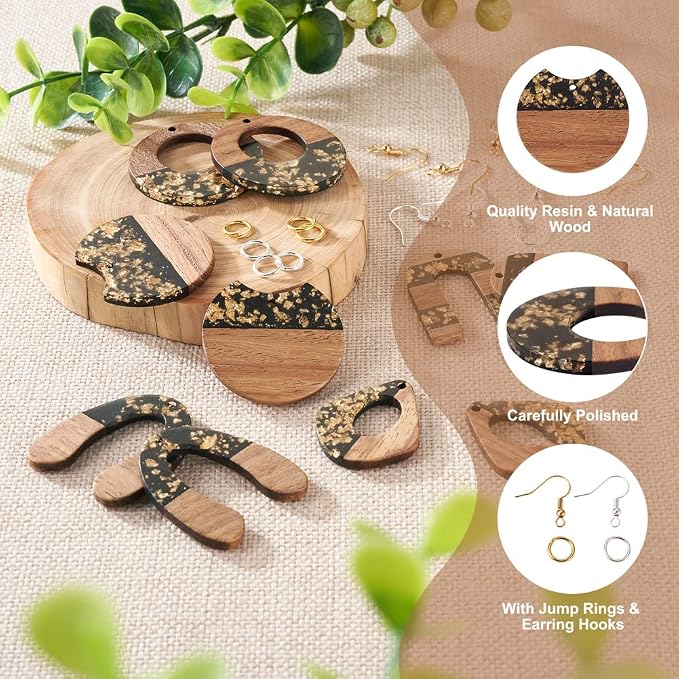 FASHEWELRY 10Pcs Resin Wood Earrings Charms Teardrop Flat Round Wooden Earring - Image 5