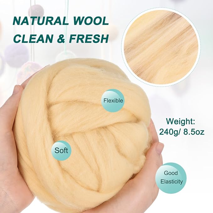 uxcell Needle Felting Wool, 8.5 Oz Nature Fibre Wool Yarn Roving - Image 2