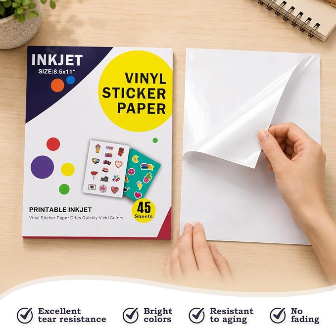 Aevdor 45-Sheet Glossy White Printable Vinyl Sticker Paper, Inkjet | Glossy - Image 3