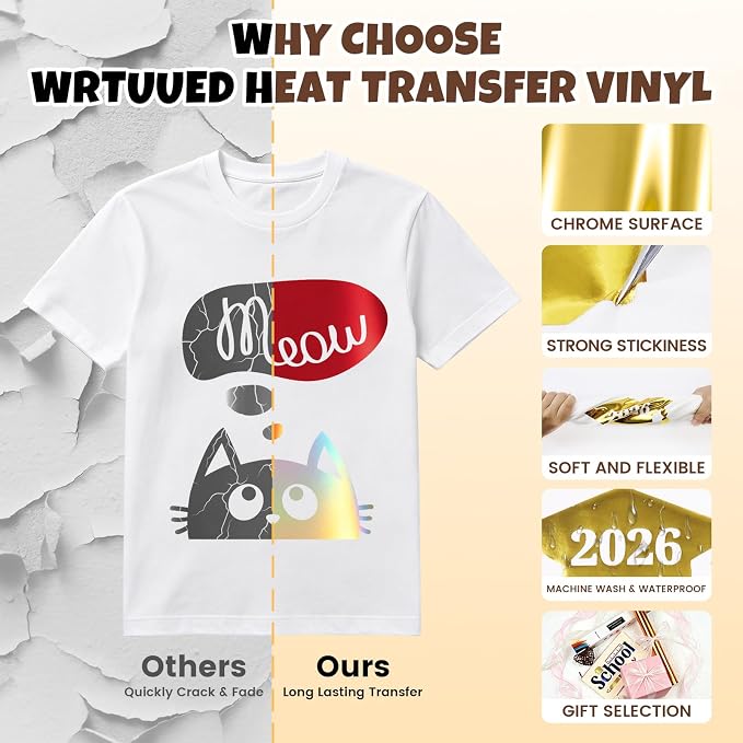 Metallic Heat Transfer Vinyl Roll 12" x 5ft Chrome Gold Iron on Vinly, Soft - Image 5