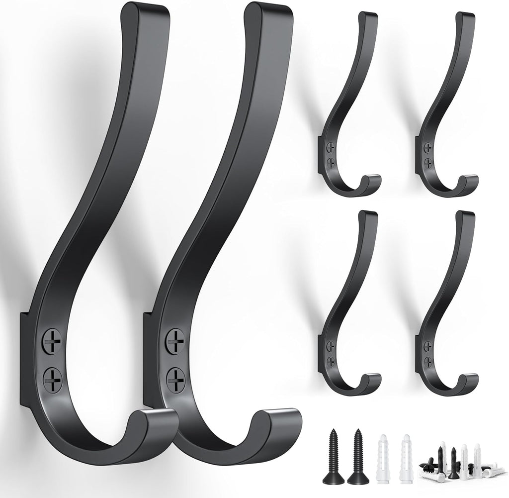 6-Pack Heavy Duty Coat Hooks for Wall Mount - Durable Wall-Mounted Hooks for Hanging Coats, Backpacks & Bookbags, Rust-Resistant Coat Hanger Hooks for Entryway, Garage, Dorm